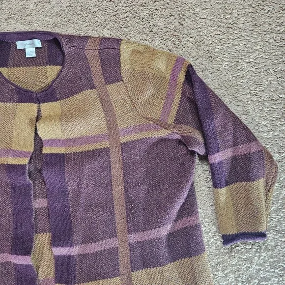 CJ Banks Long Open Front Cardigan Sweater Womens 2X Plaid Purple Tan Knit - Picture 4 of 14